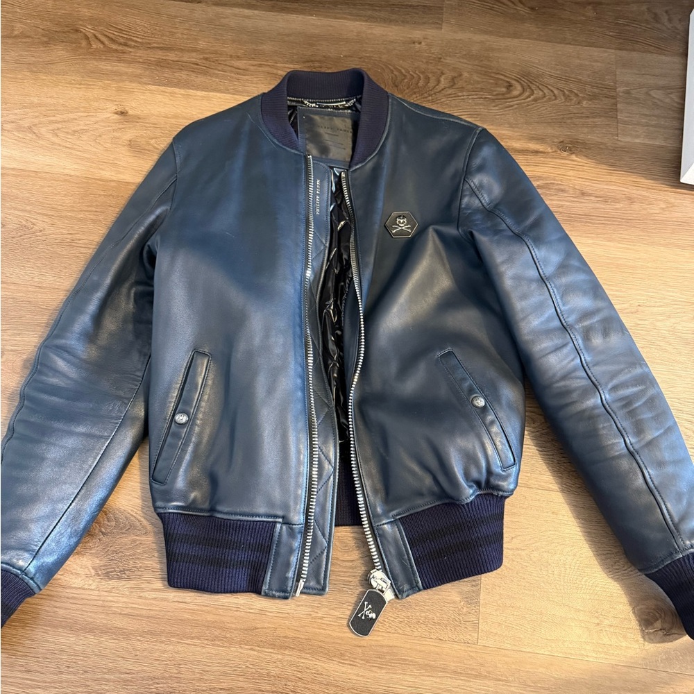 Philip Plein Blue Leather Jacket